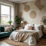 A modern and elegant bedroom featuring an accent wall with neutral geometric wallpaper. A green leather sofa, indoor plants, and minimalist decor complete the space, creating a calming and inviting atmosphere."