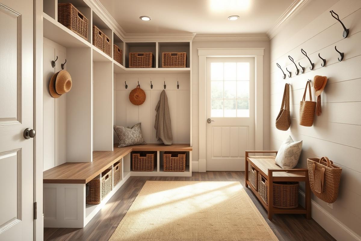 built-in mudroom storage ideas with lockers, bench and baskets