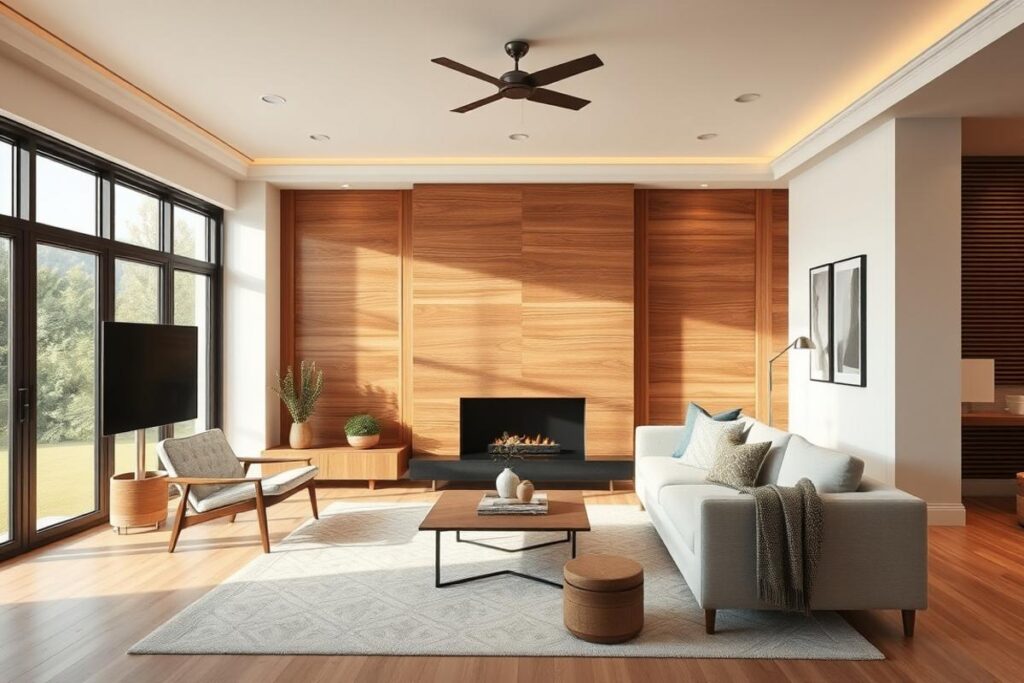 Decorative wall paneling accent wall with board and batten details in a modern living room