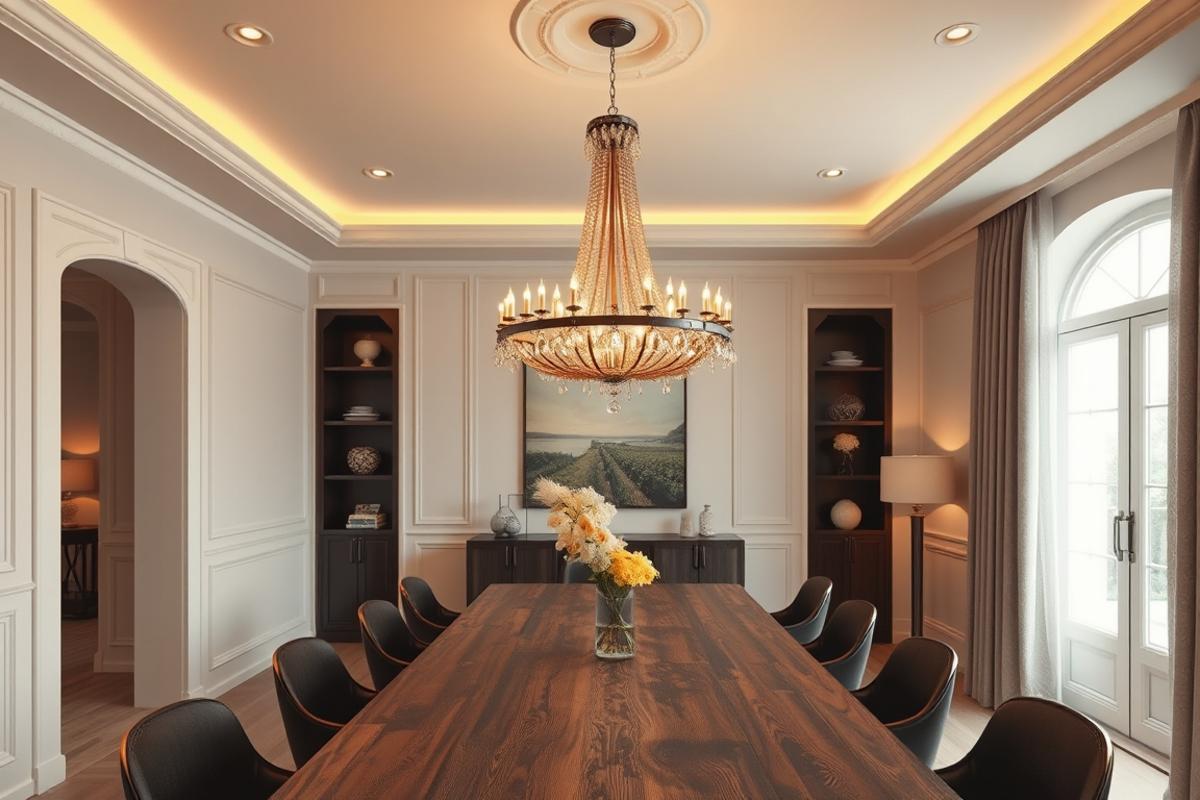 elegant dining room lighting ideas with a statement chandelier over a wooden table