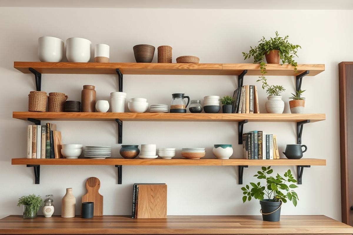 floating kitchen shelf decor with wood shelves and styled dishes