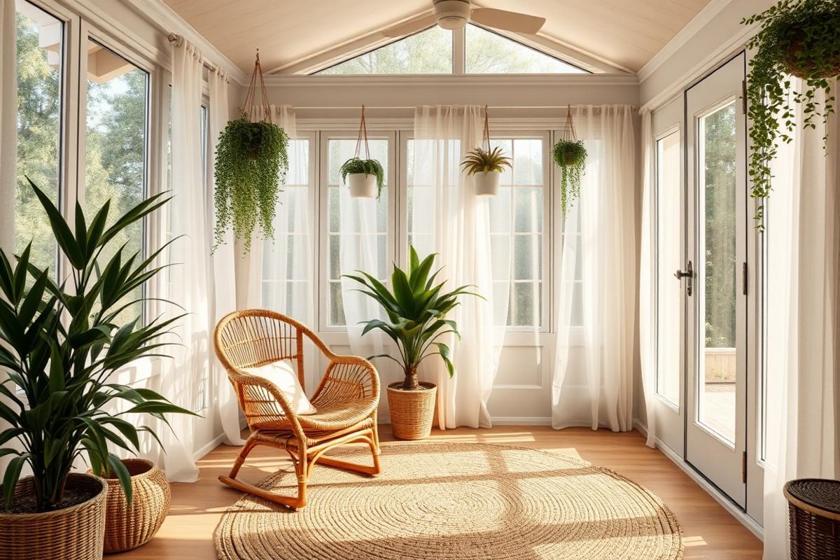 four season room decor with rattan chair, plants and sheer curtains