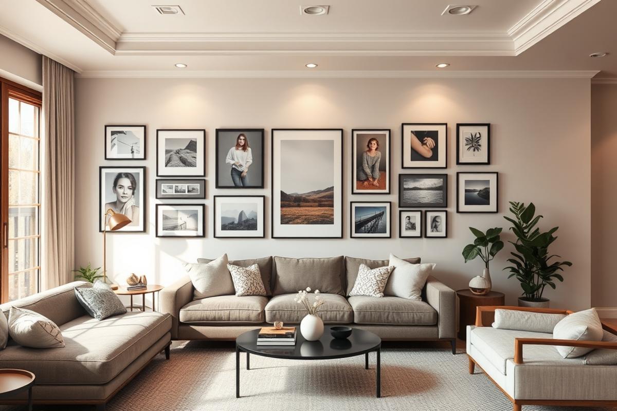 gallery wall ideas home with framed art and photos arranged on a living room wall