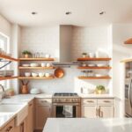 open shelving kitchen ideas with wood floating shelves and styled decor
