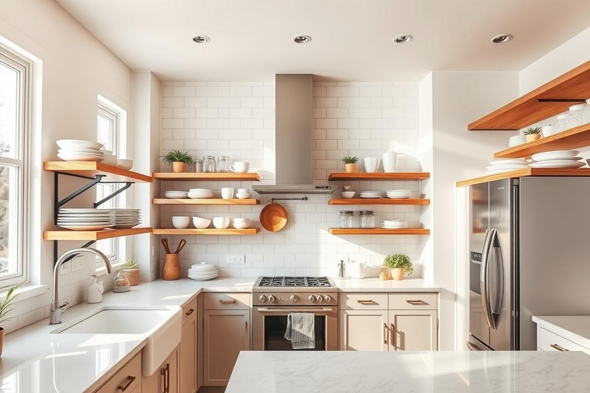 open shelving kitchen ideas with wood floating shelves and styled decor