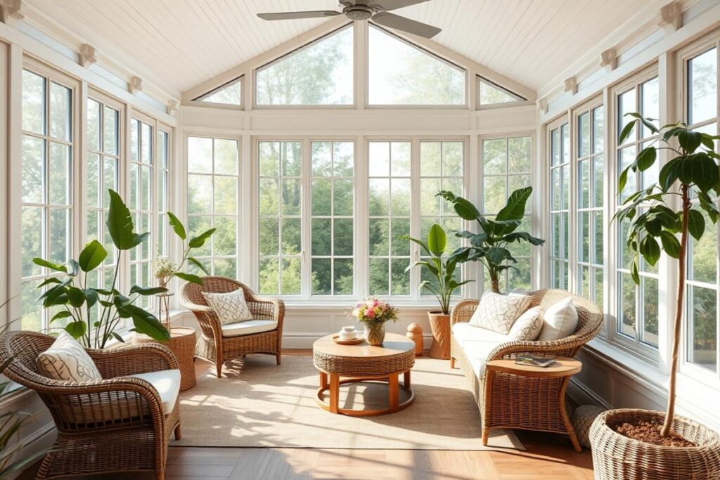 Bright sunroom decorating ideas with wicker furniture and indoor plants