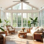 Bright sunroom decorating ideas with wicker furniture and indoor plants