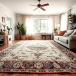 Cozy living room styled with a vintage rug as the centerpiece anchor