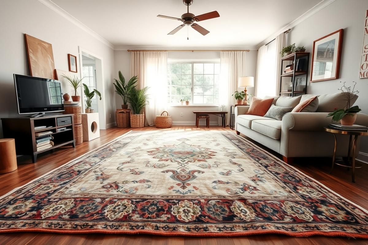 Cozy living room styled with a vintage rug as the centerpiece anchor