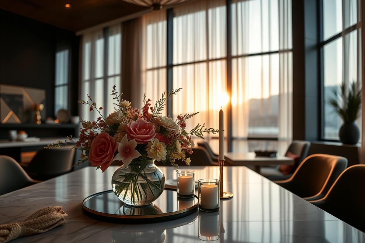 centerpiece decor for dining tables with vase, candles and a bowl