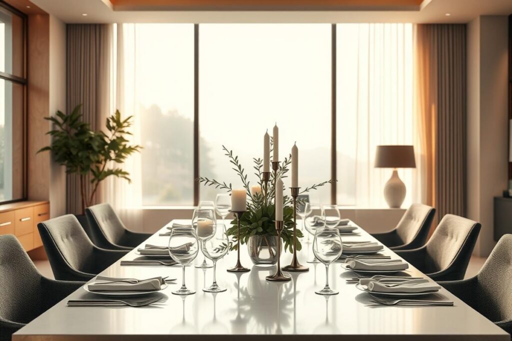elegant dining room table centerpiece ideas with candles and greenery