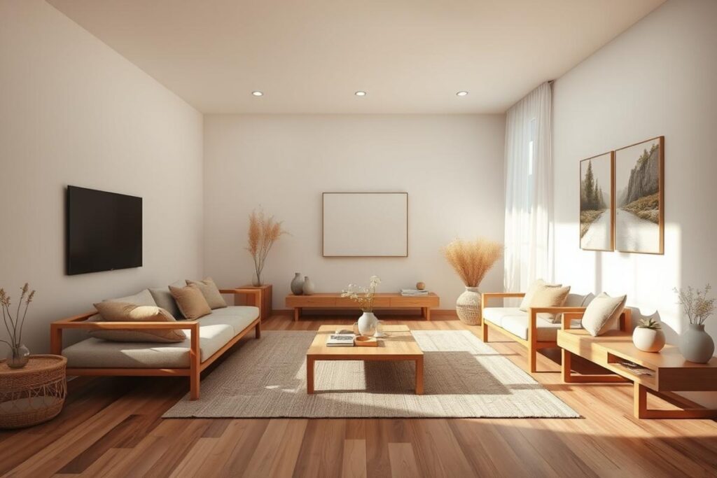 japandi living room decor with neutral tones and natural wood accents