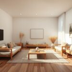 japandi living room decor with neutral tones and natural wood accents