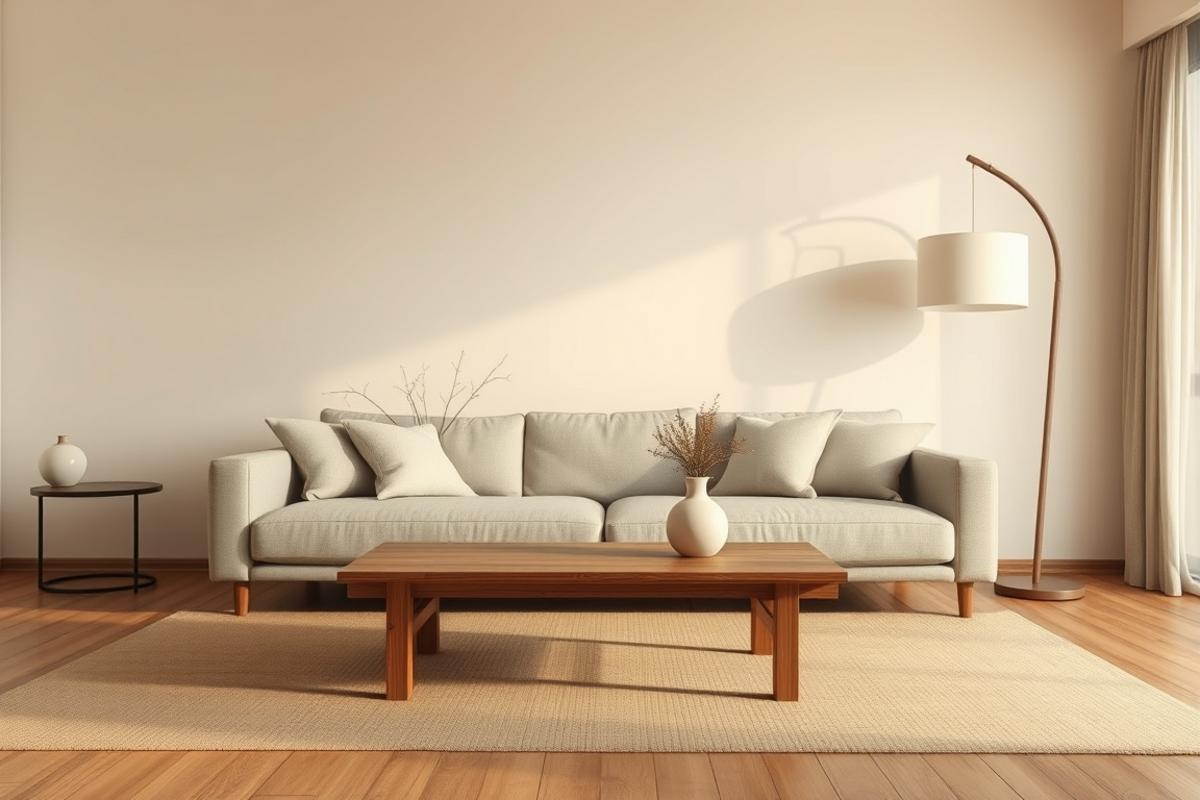 japandi style living room ideas with low wood table and linen sofa